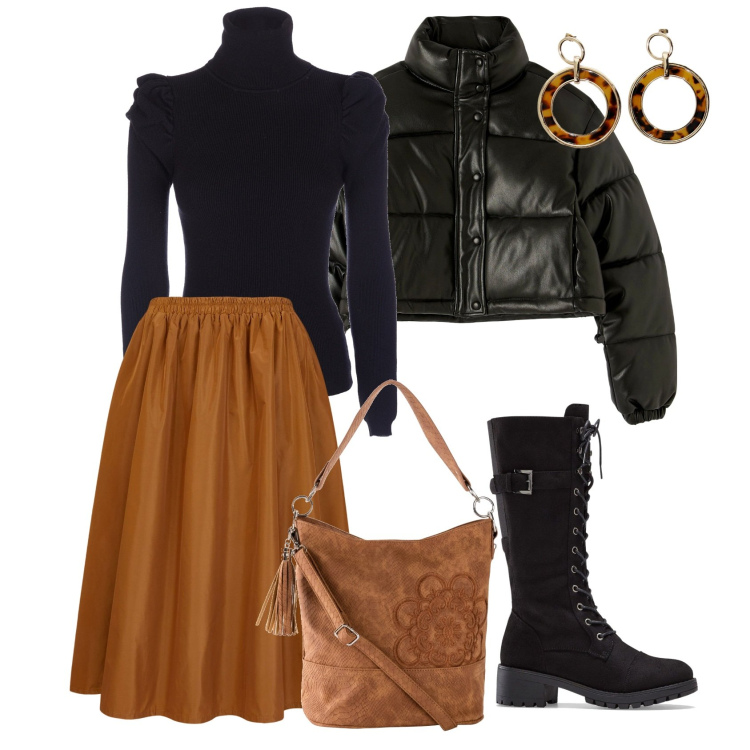 Outfit donna - Inizia a fare freschino. Stile Urban per Tutti i giorni. Abbinamento con borse a mano, stivali, piumini, maglieria, orecchini, gonne lunghe.