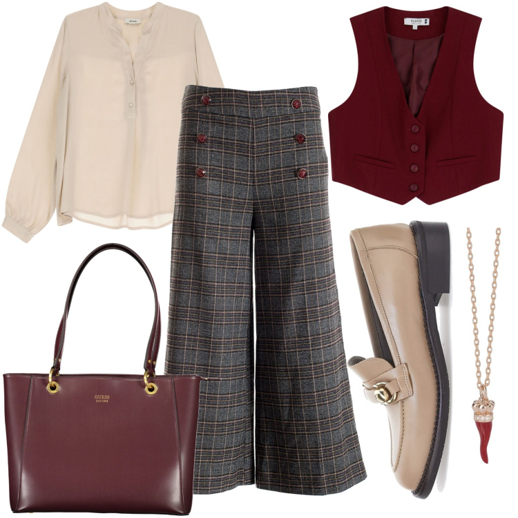 Outfit donna - Outfit autunnale con gilet. Stile Mannish per Ufficio. Abbinamento con collane, gilet, pantaloni culotte, camicie, mocassini, borse a spalla.