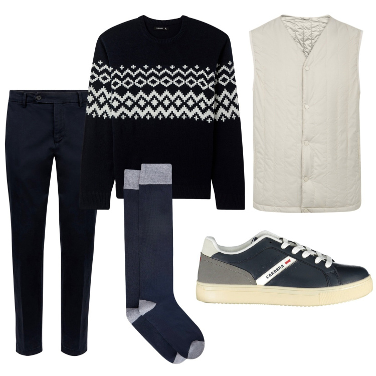 Outfit uomo - Total look #1996025. Stile Casual per Tutti i giorni. Abbinamento con maglieria, piumini, sneakers, pantaloni chino, calzini.