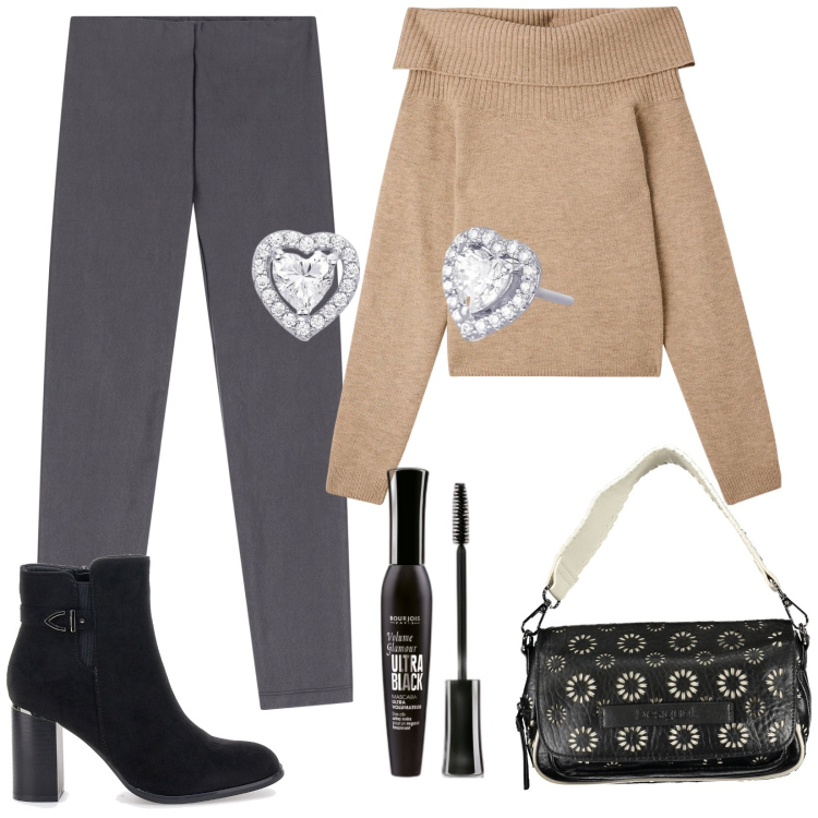 Outfit donna - Autunno \'24. Stile Trendy per Serata fuori. Abbinamento con mascara, maglieria, orecchini, pantaloni skinny, stivaletti, borse a spalla.