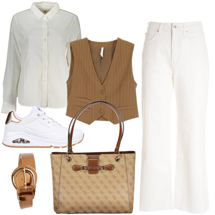 Outfit donna - Sporty chic. Stile Sporty chic per Tutti i giorni. Abbinamento con pantaloni culotte, gilet, sneakers, borse a spalla, cinture, camicie.