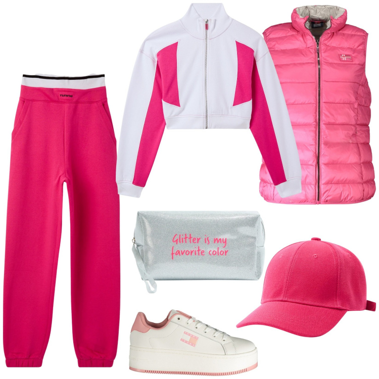 Outfit donna - Total look #1996042. Stile Basic per Sport. Abbinamento con felpe sportive, pantaloni sportivi, cappelli, valigie, sneakers, blazer.