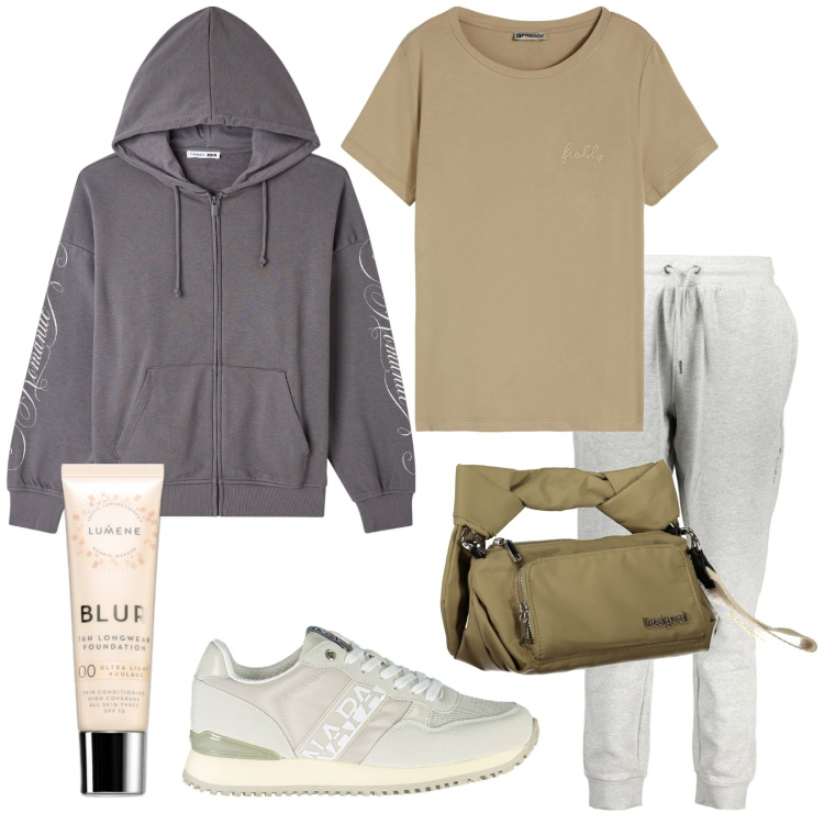 Outfit donna - Saldi casual. Stile Casual per Tutti i giorni. Abbinamento con fondotinta, felpe con cappuccio, t-shirt, sneakers, borse a spalla, pantaloni.