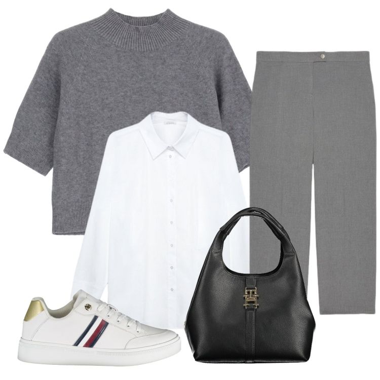 Outfit donna - Un caldo abbraccio per l\'autunno. Stile Casual per Tutti i giorni. Abbinamento con maglieria, pantaloni a palazzo, camicie, borse a tracolla, sneakers.