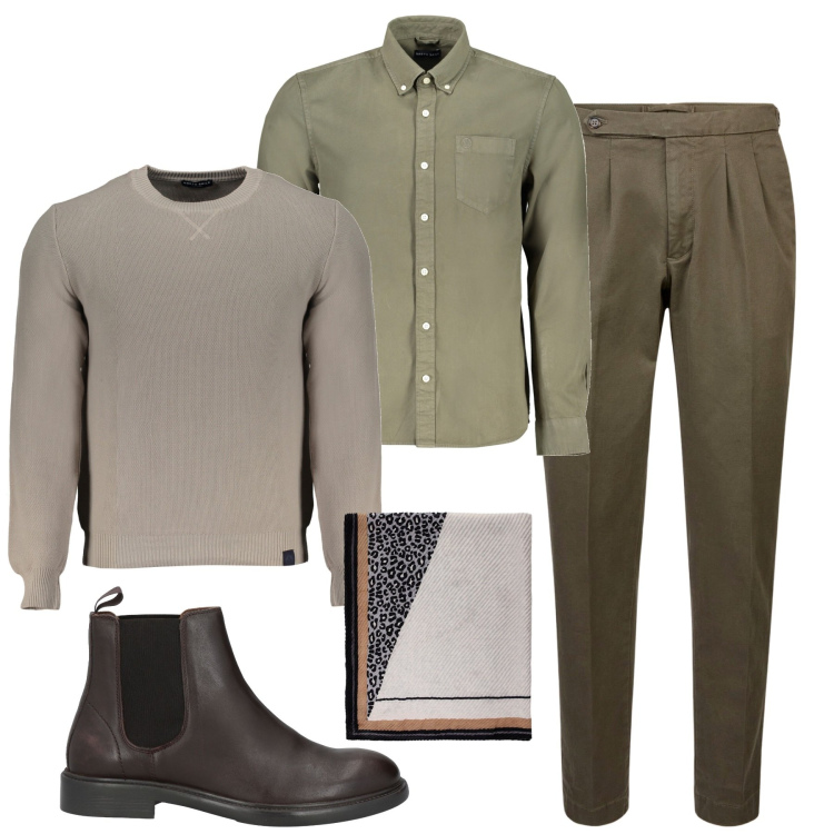 Outfit uomo - City. Stile Urban per Tutti i giorni. Abbinamento con stivali e stivaletti, sciarpe e foulard, pantaloni, camicie, maglieria.