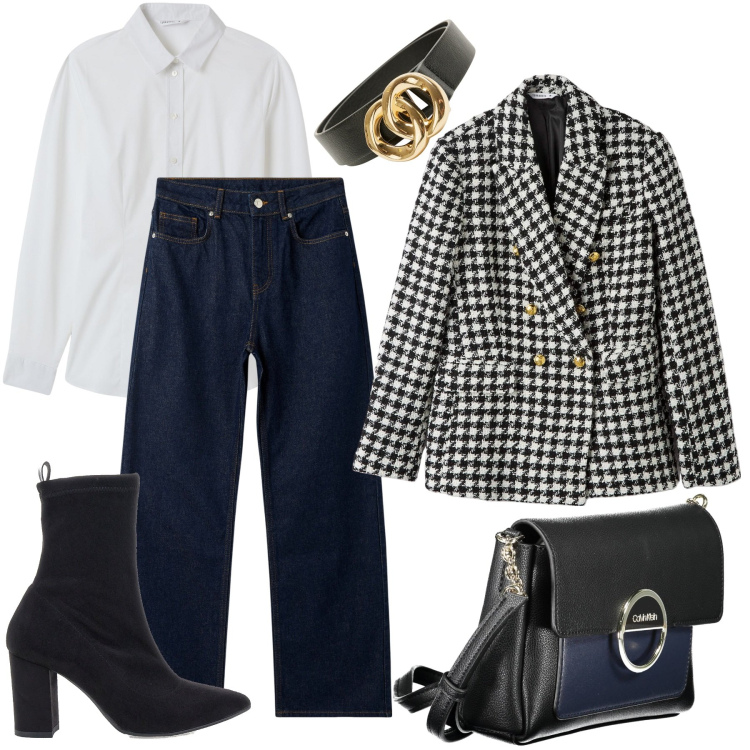 Outfit donna - Must have autunnali. Stile Casual chic per Serata fuori. Abbinamento con blazer, cinture, jeans, camicie, stivaletti, borse a tracolla.