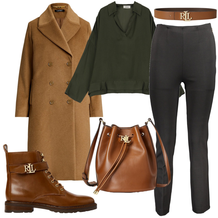 Outfit donna - Marrone e verde oliva. Stile Casual per Tutti i giorni. Abbinamento con top, cinture, cappotti, borse a secchiello, stivaletti, pantaloni.