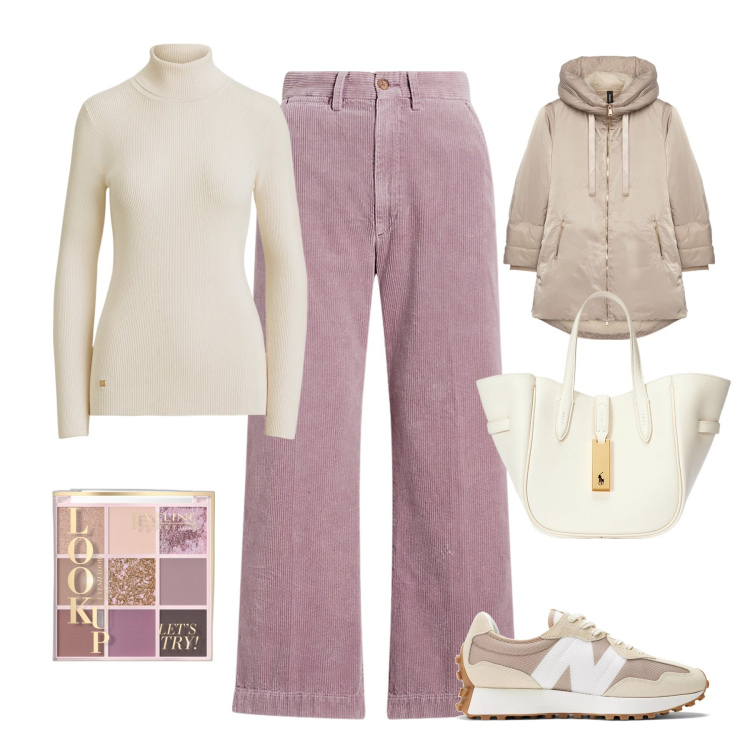 Outfit donna - Pantalone a coste. Stile Casual chic per Tutti i giorni. Abbinamento con ombretti, sneakers, pantaloni, borse tote, maglieria, piumini.