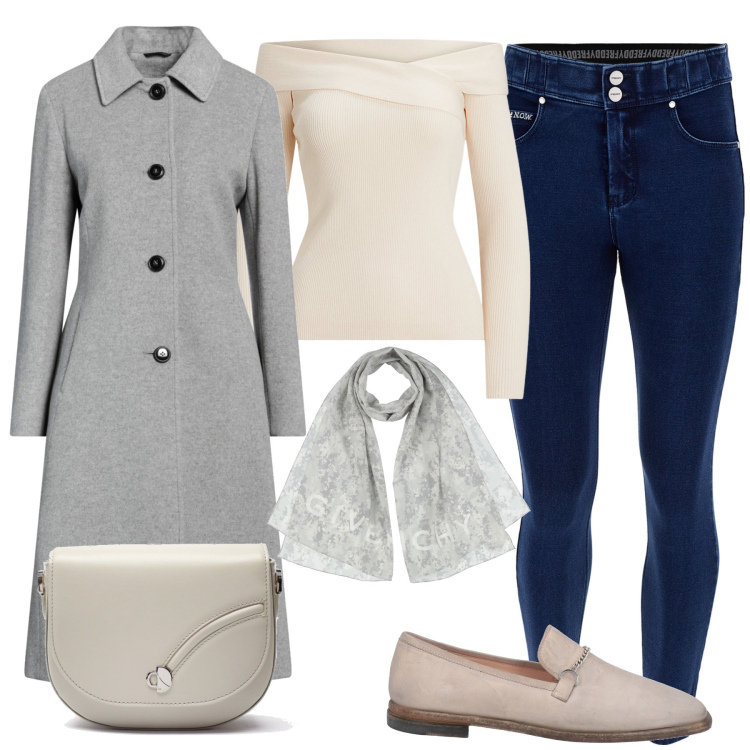 Outfit donna - Il cappotto grigio. Stile Casual per Ufficio. Abbinamento con cappotti, mocassini, sciarpe, jeans skinny, maglieria, borse a tracolla.