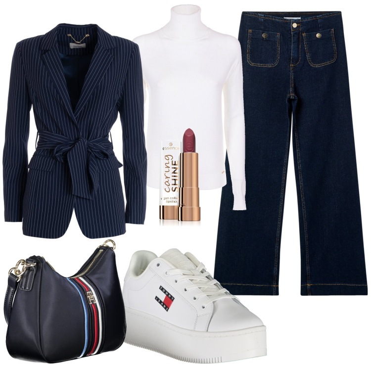 Outfit donna - Blazer gessato. Stile Casual chic per Tutti i giorni. Abbinamento con rossetti, jeans, blazer, maglieria, sneakers, borse a tracolla.