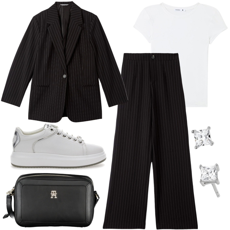 Outfit donna - Il completo gessato. Stile Mannish per Ufficio. Abbinamento con pantaloni, blazer, t-shirt, orecchini, sneakers, borse a tracolla.