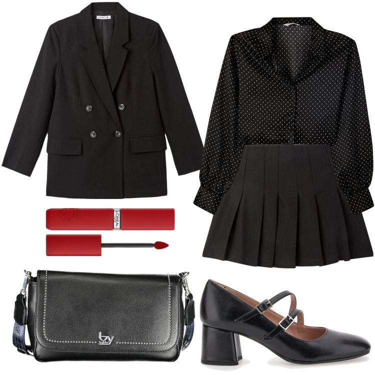 Outfit donna - Total black. Stile Preppy per Serata fuori. Abbinamento con rossetti, blazer, minigonne, camicie, décolleté, borse a spalla.