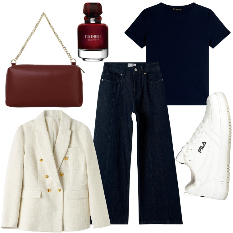 Outfit donna - Blazer e Jeans. Stile Sporty chic per Tutti i giorni. Abbinamento con profumi, jeans, blazer, t-shirt, borse a tracolla, sneakers.