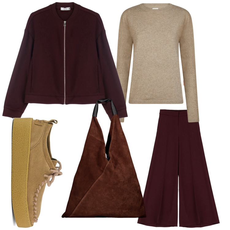 Outfit donna - Voglia di marrone. Stile Casual chic per Ufficio. Abbinamento con blazer, pantaloni a palazzo, mocassini, borse a spalla, maglieria.