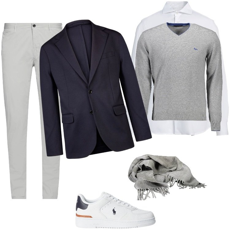 Outfit uomo - Total look #1996135. Stile Casual per Ufficio. Abbinamento con pantaloni chino, camicie, sneakers, giacche, maglieria, sciarpe.