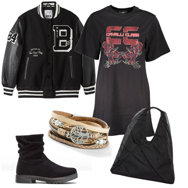 Outfit donna - B come bomber. Stile Trendy per Tutti i giorni. Abbinamento con braccialetti, stivaletti, bomber, vestiti corti, shopping bag.