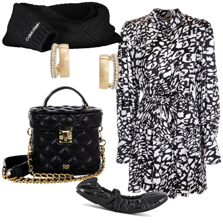 Outfit donna - Aperitivo con lui. Stile Bon Ton per Serata fuori. Abbinamento con borse a mano, vestiti, orecchini, ballerine, sciarpe.