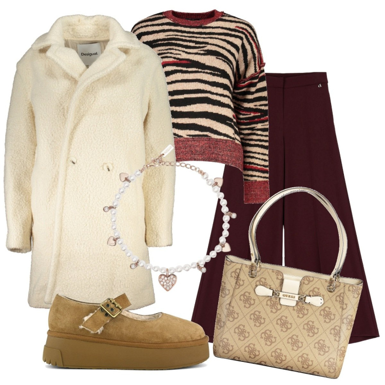 Outfit donna - Il pantalone palazzo. Stile Trendy per Tutti i giorni. Abbinamento con braccialetti, pantaloni a palazzo, décolleté, maglieria, cappotti, borse a spalla.