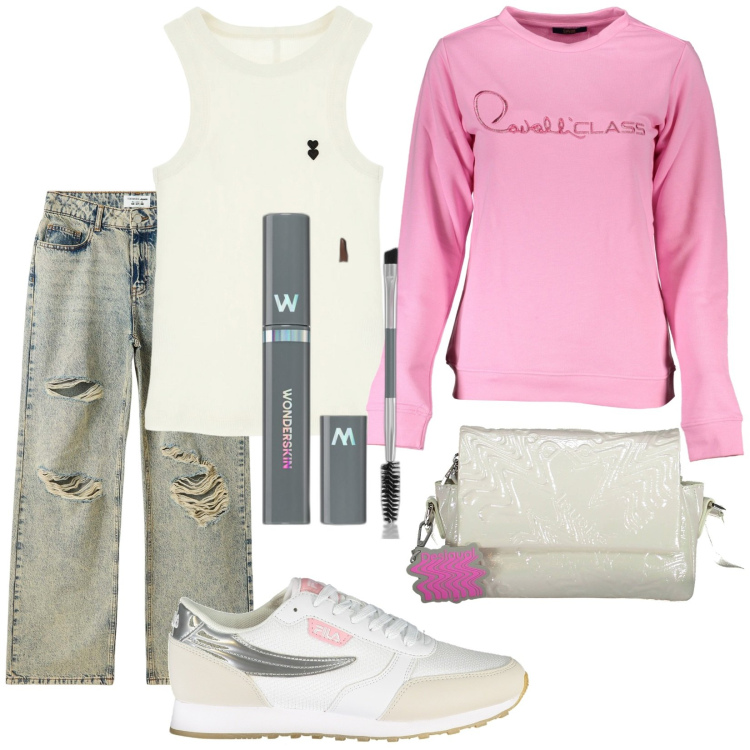 Outfit donna - Total look #1996174. Stile Urban per Tutti i giorni. Abbinamento con mascara, jeans strappati, canottiere, felpe, sneakers, borse a tracolla.