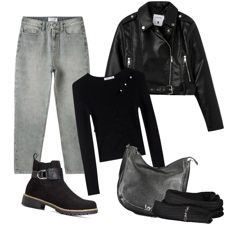 Outfit donna - Total look #1996176. Stile Urban per Tutti i giorni. Abbinamento con stivaletti, maglieria, jeans mom, giacche, borse a spalla, sciarpe.