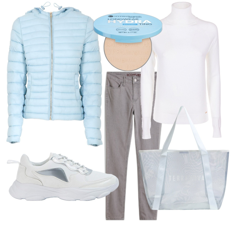 Outfit donna - Vado a far la spesa. Stile Casual per Tutti i giorni. Abbinamento con jeans skinny, ciprie, sneakers, shopping bag, maglieria, piumini.
