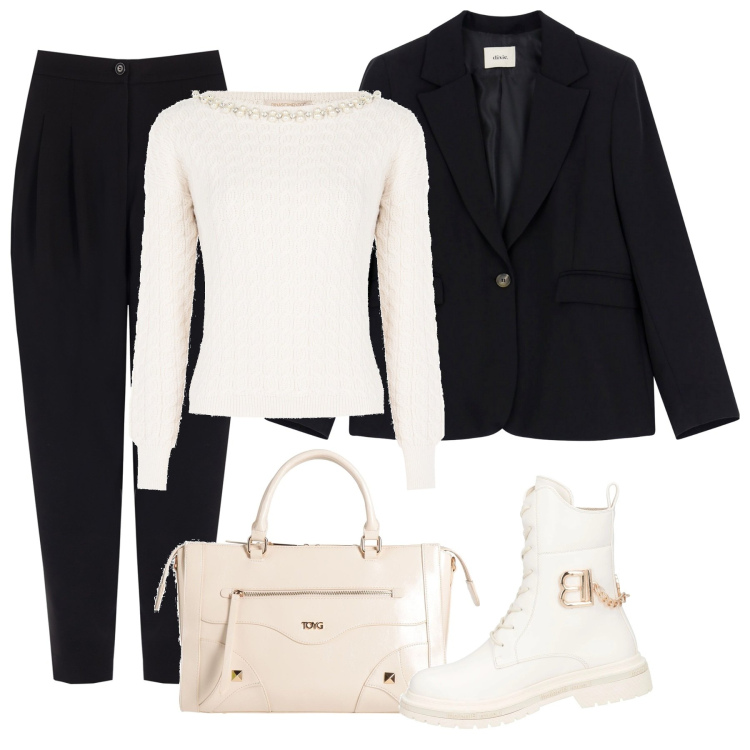 Outfit donna - Total look #1996189-2 nov. Stile Urban per Ufficio. Abbinamento con anfibi, borse a mano, pantaloni, maglieria, blazer.