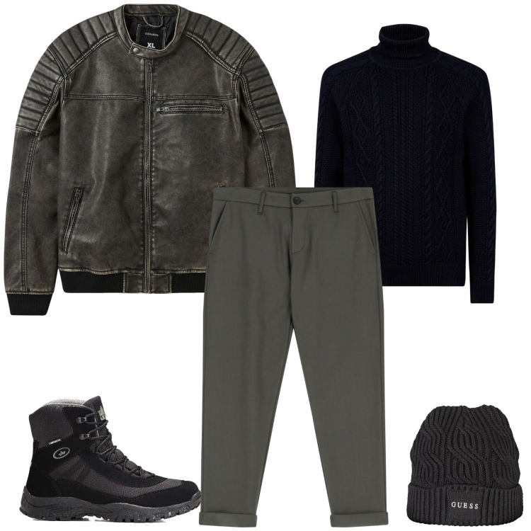 Outfit uomo - City rider. Stile Biker Rock per Tutti i giorni. Abbinamento con stivali e stivaletti, giacche, pantaloni, maglieria, berretti.