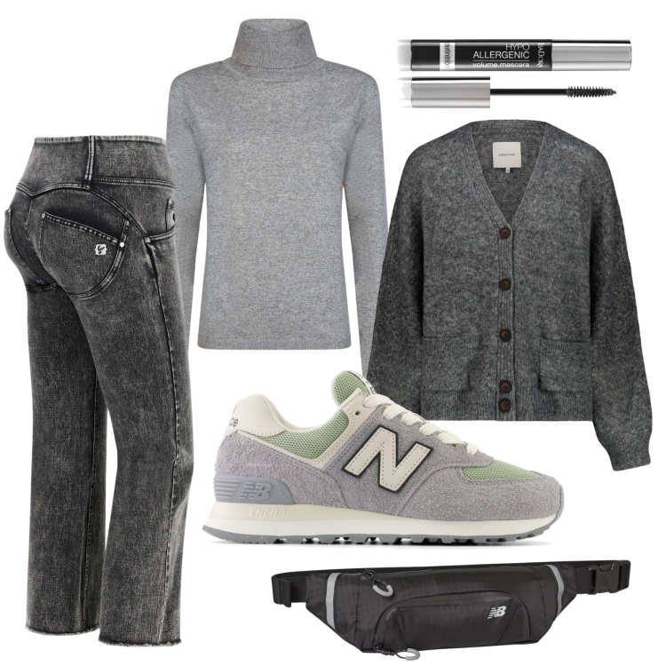 Outfit donna - Sfumature di grigio. Stile Basic per Tutti i giorni. Abbinamento con mascara, sneakers, cinture, jeans a zampa, cardigans, maglieria.