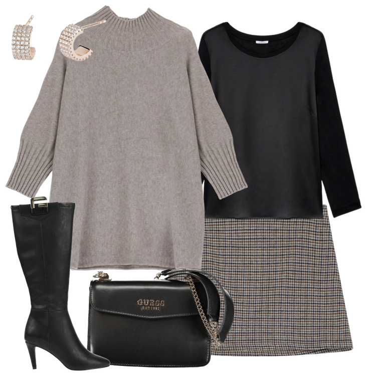 Outfit donna - City. Stile Trendy per Tutti i giorni. Abbinamento con stivali, orecchini, cappe, minigonne, t-shirt, borse a spalla.