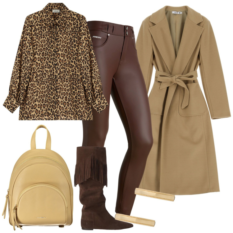 Outfit donna - Total look #1996209. Stile Casual chic per Tutti i giorni. Abbinamento con cappotti, pantaloni skinny, camicie, orecchini, stivali, zaini.