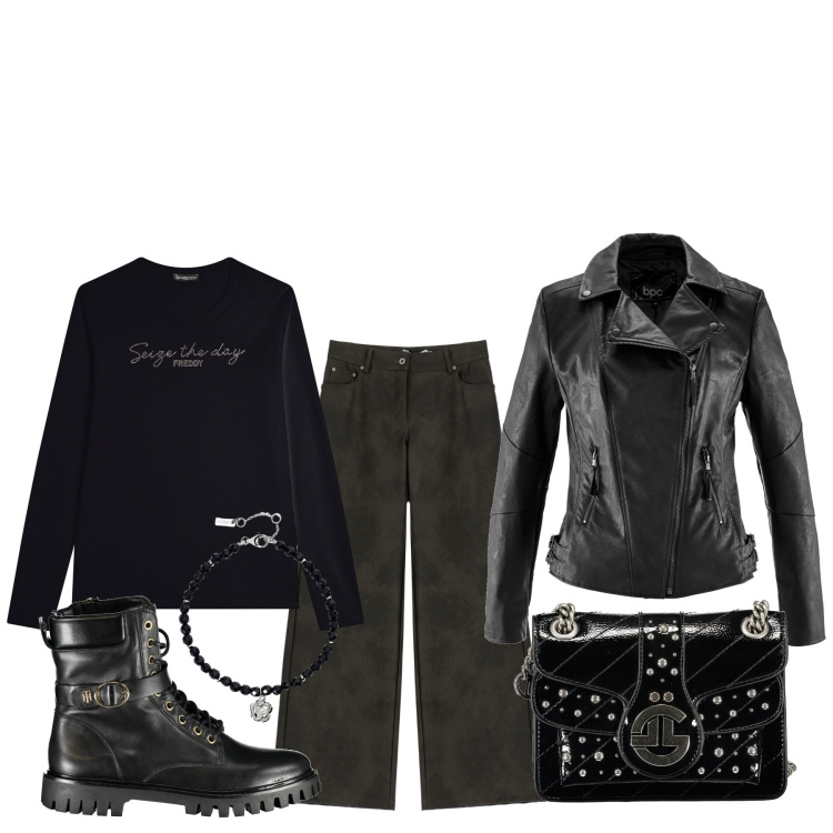 Outfit donna - Anima rock. Stile Rock per Tutti i giorni. Abbinamento con blazer, braccialetti, pantaloni, t-shirt, borse a tracolla, stivali.