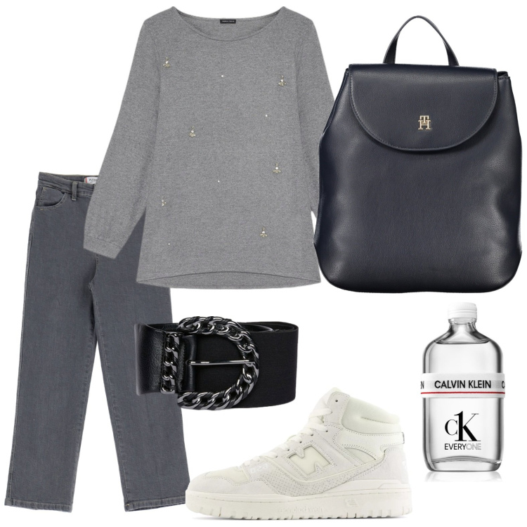 Outfit donna - Total grey. Stile Casual chic per Tutti i giorni. Abbinamento con profumi, sneakers, jeans dritti, maglieria, zaini, cinture.