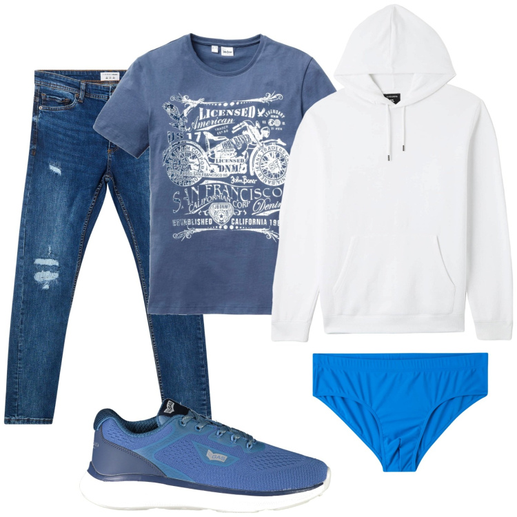 Outfit uomo - Total look #1996299. Stile Casual per Tutti i giorni. Abbinamento con t-shirt, costumi, felpe con cappuccio, jeans strappati, sneakers.