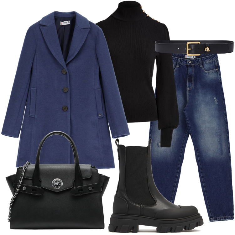 Outfit donna - Blu e nero. Stile Casual per Ufficio. Abbinamento con borse a mano, jeans mom, cappotti, maglieria, cinture, stivaletti chelsea.