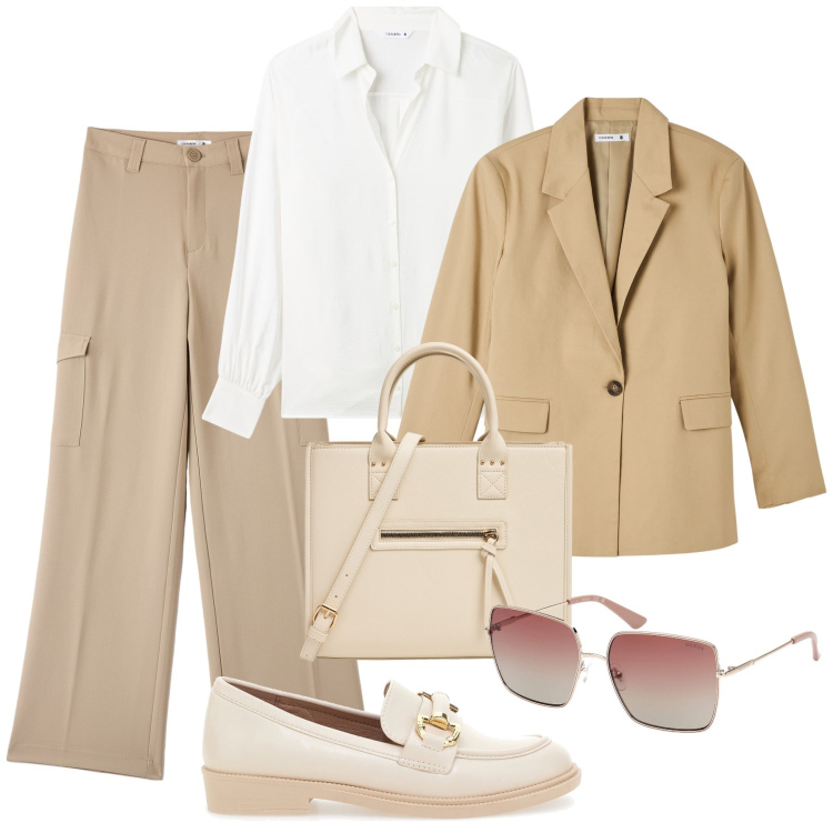 Outfit donna - Capsule city con i saldi. Stile Glamour per Tutti i giorni. Abbinamento con blazer, pantaloni cargo, camicie, shopping bag, mocassini, occhiali da sole.