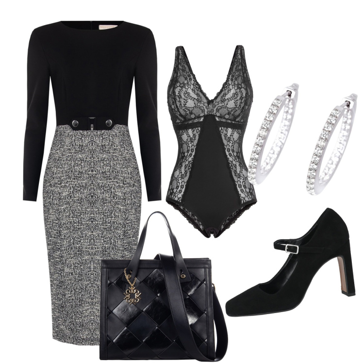 Outfit donna - Total black. Stile Chic per Serata fuori. Abbinamento con body, décolleté, orecchini, vestiti midi/longuette, borse a mano.