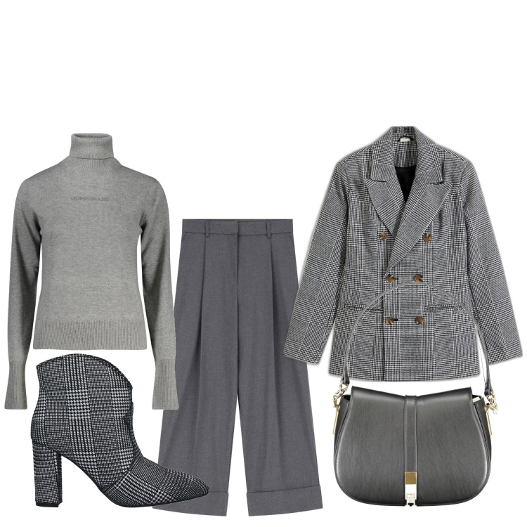 Outfit donna - Mrs grey. Stile Bon Ton per Serata fuori. Abbinamento con blazer, stivaletti, pantaloni, maglieria, borse a spalla.