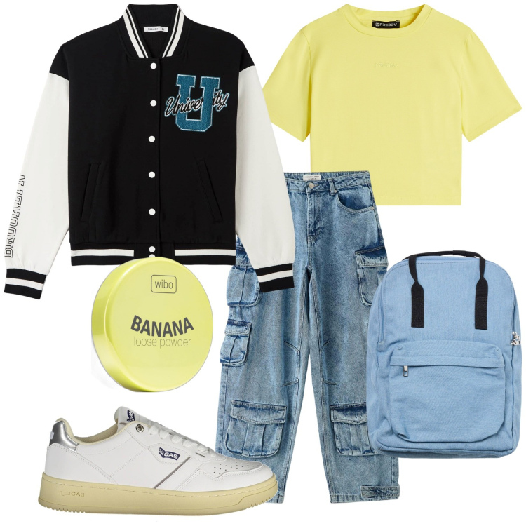 Outfit donna - Università. Stile Urban per Scuola/Università. Abbinamento con ciprie, bomber, jeans, zaini, t-shirt, sneakers.