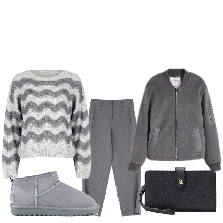 Outfit donna - Onde sul maglione. Stile Basic per Tutti i giorni. Abbinamento con bomber, maglieria, pantaloni, pochette, stivali.