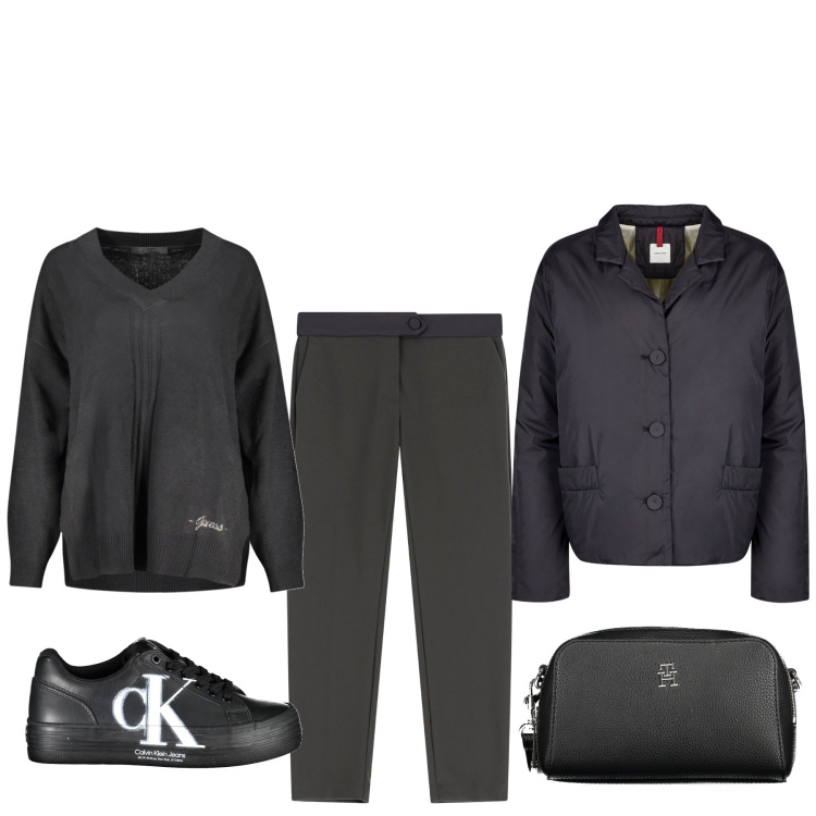 Outfit donna - Giubbotto con bottoni in vista. Stile Basic per Tutti i giorni. Abbinamento con pantaloni, blazer, maglieria, borse a tracolla, sneakers.