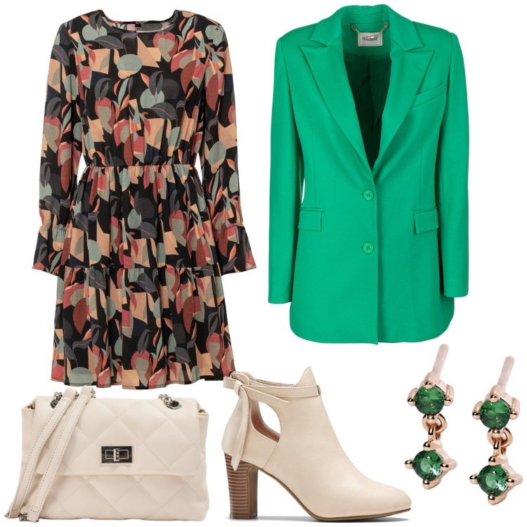 Outfit donna - Blazer verde. Stile Trendy per Tutti i giorni. Abbinamento con stivaletti, vestiti, borse a spalla, orecchini, blazer.