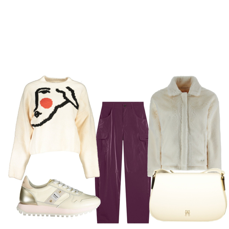 Outfit donna - Ecopelliccia. Stile Basic per Tutti i giorni. Abbinamento con pantaloni cargo, cappotti, sneakers, maglieria, borse a tracolla.