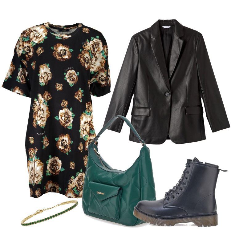 Outfit donna - Il blazer in ecopelle. Stile Rock per Tutti i giorni. Abbinamento con blazer, braccialetti, borse a spalla, vestiti corti, anfibi.