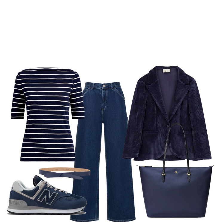 Outfit donna - Strisce bianche e blu. Stile Basic per Tutti i giorni. Abbinamento con sneakers, blazer, cinture, borse tote, maglieria, pantaloni.