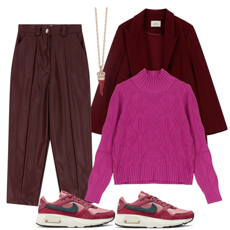 Outfit donna - Sporty chic. Stile Sporty chic per Tutti i giorni. Abbinamento con collane, pantaloni, maglieria, blazer, sneakers.