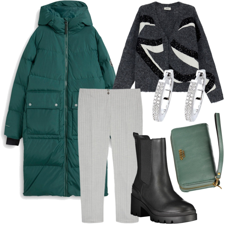 Outfit donna - Gli orecchini illuminanti. Stile Glamour per Tutti i giorni. Abbinamento con piumini, orecchini, cardigans, pantaloni, stivali, portafogli.