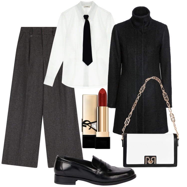 Outfit donna - Serata mannish con la cravatta. Stile Mannish per Serata fuori. Abbinamento con cappotti, rossetti, borse a tracolla, pantaloni a palazzo, camicie, mocassini.