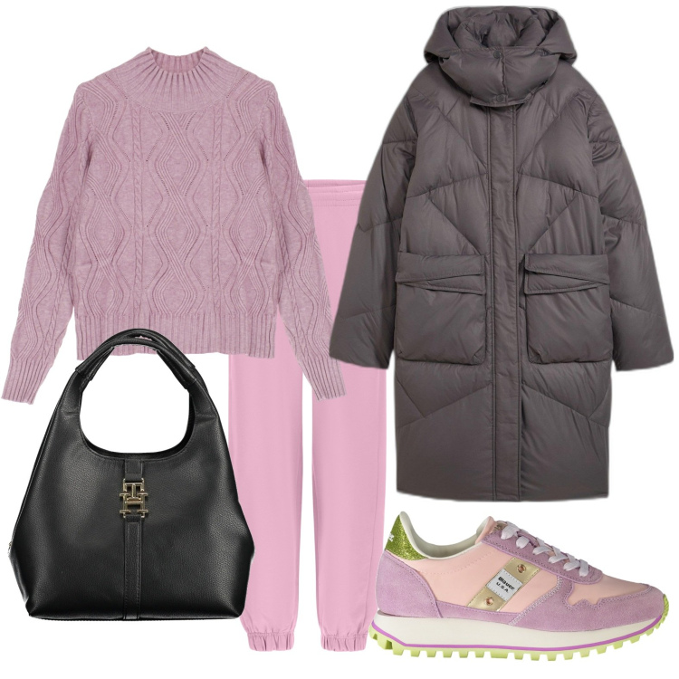 Outfit donna - Autunno in rosa. Stile Casual per Tutti i giorni. Abbinamento con piumini, pantaloni, maglieria, sneakers, borse a tracolla.