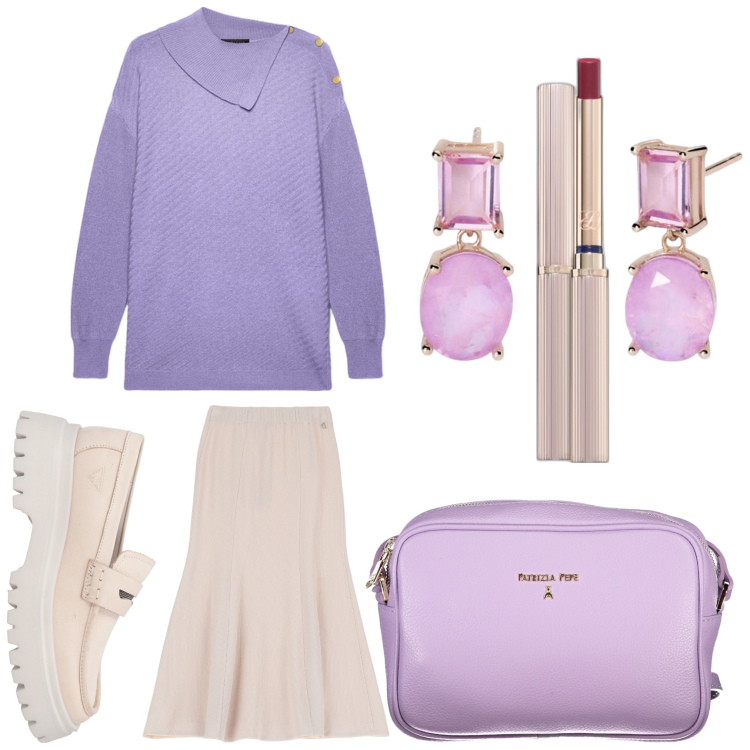 Outfit donna - Viola. Stile Casual chic per Ufficio. Abbinamento con mocassini, rossetti, orecchini, gonne lunghe, borse a tracolla, maglieria.