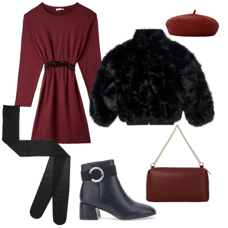 Outfit donna - Total look #1996411. Stile Casual chic per Serata fuori. Abbinamento con vestiti midi/longuette, collant, ecopellicce, borse a tracolla, stivaletti, cappelli e berretti.